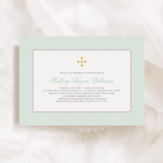 Elegante Gold Mint Green Cross Muster Baby-Taufe Einladung