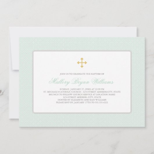 Elegante Gold Mint Green Cross Muster Baby-Taufe Einladung (Vorderseite)