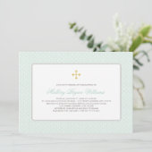 Elegante Gold Mint Green Cross Muster Baby-Taufe Einladung (Stehend Vorderseite)