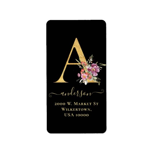 Elegante Gold Monogram A Floral Address Label Adressaufkleber (Vorne)