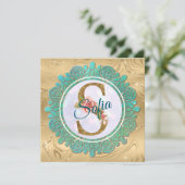 Elegante Gold Monogram Anfangsbuchstaben mit Manda Einladung (Stehend Vorderseite)