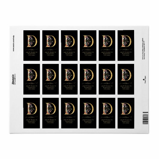 Elegante Gold Monogram D Floral Address Label Adressaufkleber (Vorne)
