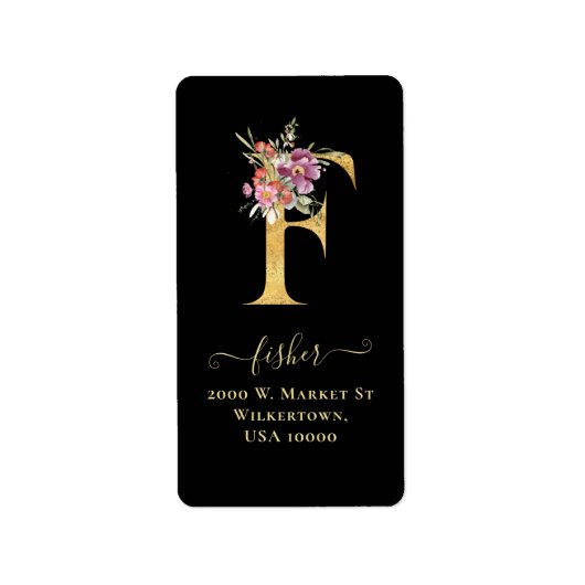Elegante Gold Monogram F Floral Address Label Adressaufkleber (Vorne)