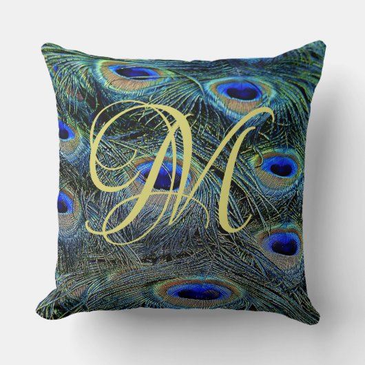 Elegante Gold Monogram farbenfrohe Pfauenfedern Kissen (Vorderseite)