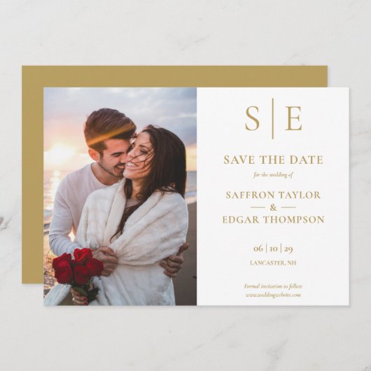 Elegante Gold Monogram Foto Wedding Save The Date (Vorne/Hinten)