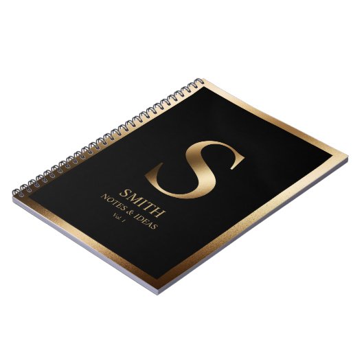 Elegante Gold Monogram Gerahmt | Schwarz Notizblock (Linke Seite)
