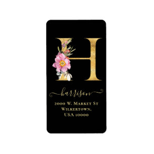 Elegante Gold Monogram H Floral Address Label Adressaufkleber