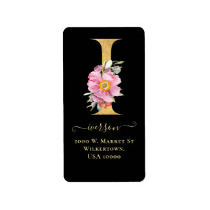 Elegante Gold Monogram I Floral Address Label Adressaufkleber