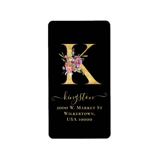 Elegante Gold Monogram k Floral Address Label Adressaufkleber (Vorne)