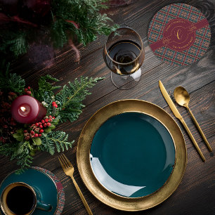 Elegante Gold Monogram Karierter Weihnachtsfeierta Runder Pappuntersetzer