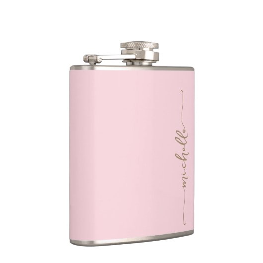 Elegante Gold Monogram Name Script Rosa Rosa Flachmann (Rechts)