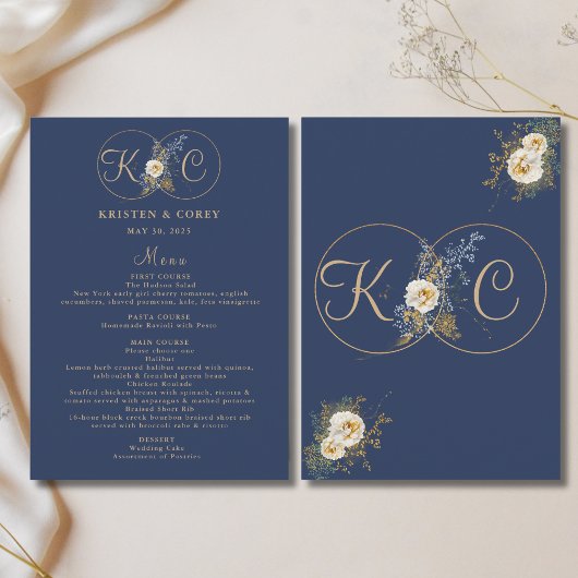 Elegante Gold Monogram Navy Blue Wedding Menükarte
