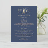 Elegante Gold Monogram Navy Blue Wedding Menükarte (Stehend Vorderseite)