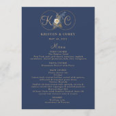 Elegante Gold Monogram Navy Blue Wedding Menükarte (Vorderseite)