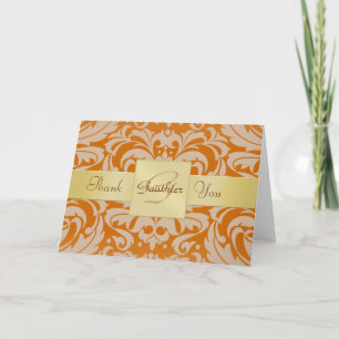 Elegante Gold Monogram Orange Damask Dankeschön Ka Dankeskarte