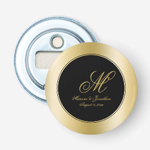 Elegante Gold Monogram Script Black Wedding Flaschenöffner