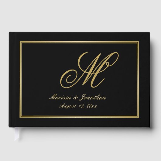 Elegante Gold Monogram Script Black Wedding Gästebuch (Vorderseite)