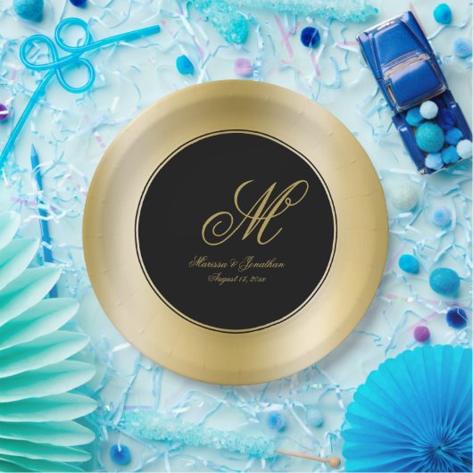Elegante Gold Monogram Script Black Wedding Pappteller (Party)
