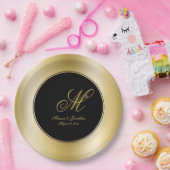 Elegante Gold Monogram Script Black Wedding Pappteller (Party)