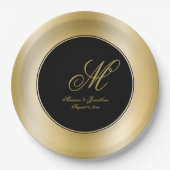 Elegante Gold Monogram Script Black Wedding Pappteller (Vorderseite)