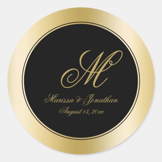 Elegante Gold Monogram Script Black Wedding Runder Aufkleber (Vorderseite)