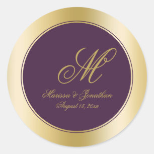 Elegante Gold Monogram Script Plum Lila Wedding Runder Aufkleber