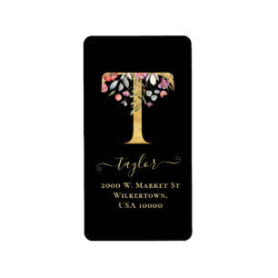 Elegante Gold Monogram T Floral Address Label Adressaufkleber