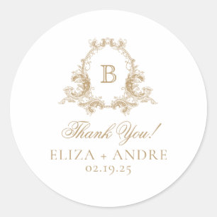 Elegante Gold Monogram Wappen Wedding Runder Aufkleber