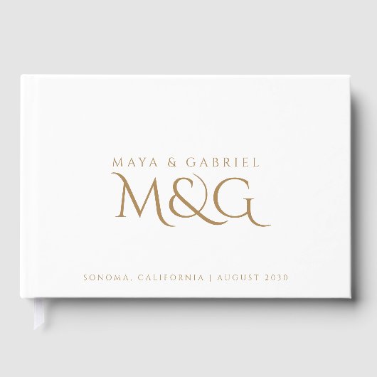 Elegante Gold Monogram White Wedding Sign In Gästebuch (Vorderseite)