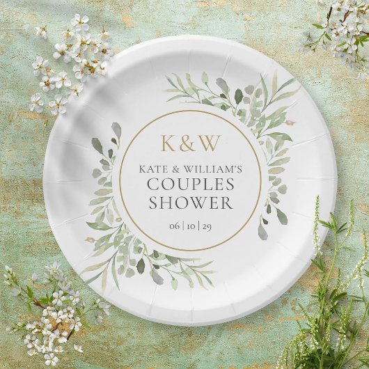 Elegante Gold-Monogramm-Grünpflanzen-Paar-Dusche Pappteller