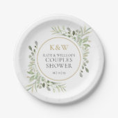Elegante Gold-Monogramm-Grünpflanzen-Paar-Dusche Pappteller (Vorderseite)