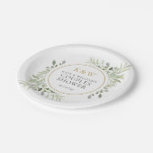 Elegante Gold-Monogramm-Grünpflanzen-Paar-Dusche Pappteller (Schrägansicht)