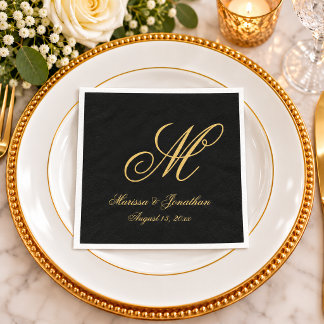 Elegante Gold Monogramm Schriftzug Schwarze Hochze Serviette