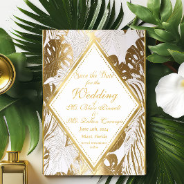 Elegante Gold Monstera Hochzeit Sichern Sie die Da RSVP Karte