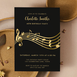 Elegante Gold Musiknoten 40. Geburtstag Schwarz Einladung