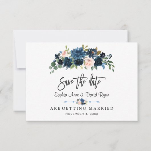 Elegante Gold Navy Blue Blush Blume Handwriting Save The Date (Vorderseite)