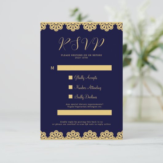 Elegante Gold Navy Blue Islamic QR Code RSVP Card Einladung (Stehend Vorderseite)