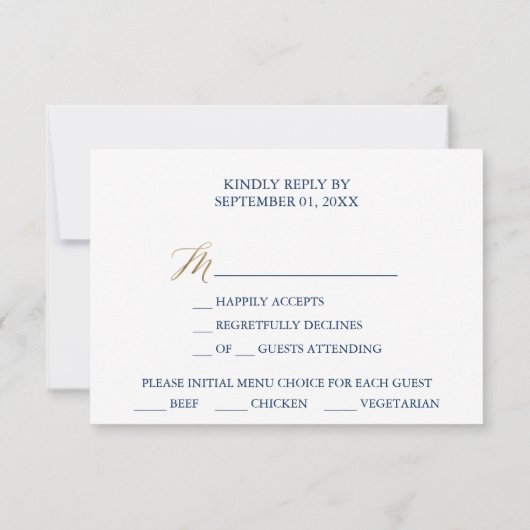 Elegante Gold & Navy Blue Menü RSVP Karte (Rückseite)