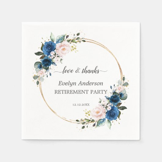 Elegante Gold Navy Blue Pink Blume Rente Serviette (Vorderseite)