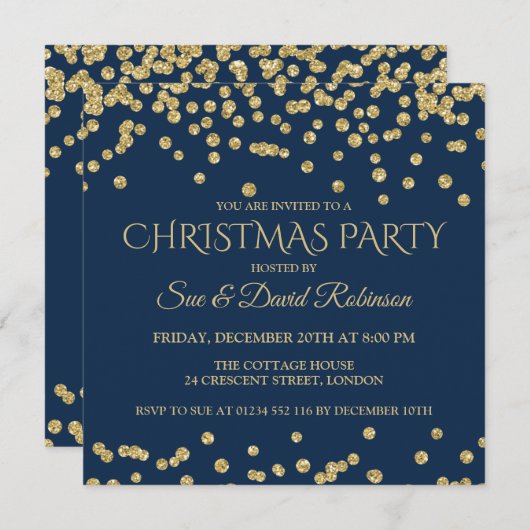 Elegante Gold Navy Glitzer Weihnachtsfeier Einladung (Vorne/Hinten)