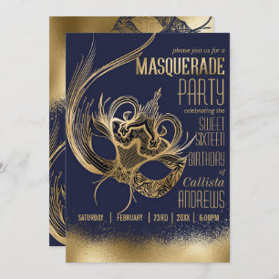 Elegante Gold Navy Masquerade Maske 16 . Geburtsta Einladung