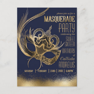 Elegante Gold Navy Masquerade Maske 16 . Geburtsta Einladungspostkarte