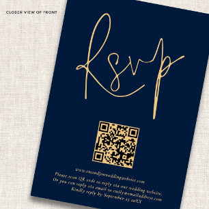 Elegante Gold Navy Script Qr Code Wedding RSVP Car Karte