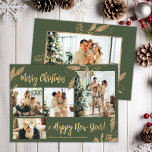 Elegante Gold Olive Green 4 Fotos Weihnachtskarte<br><div class="desc">Elegantes, modernes Gold und Olive Green Botanical Blätter 4 FotoCollage Frohe Weihnachtskarte. Dieses festliche, mimimalistische, skurrile vier (4) Foto-Urlaubskarte-Template verfügt über eine hübsche Foto-Collage, Imitate Gold-Folie botanische Blätter, Winterbeeren und sagt Frohe Weihnachten und Glück Neues Jahr! Der Grußtext "Frohe Weihnachten und Glück im neuen Jahr" ist in einem handgeschriebenen Typografie-Schriftart...</div>