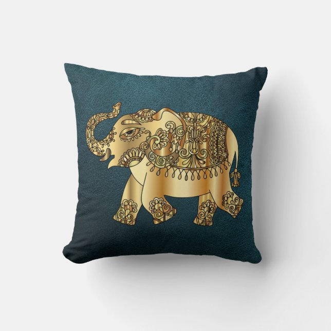 Elegante Gold Paisley Elephant, grüner Lederlook Kissen (Vorderseite)