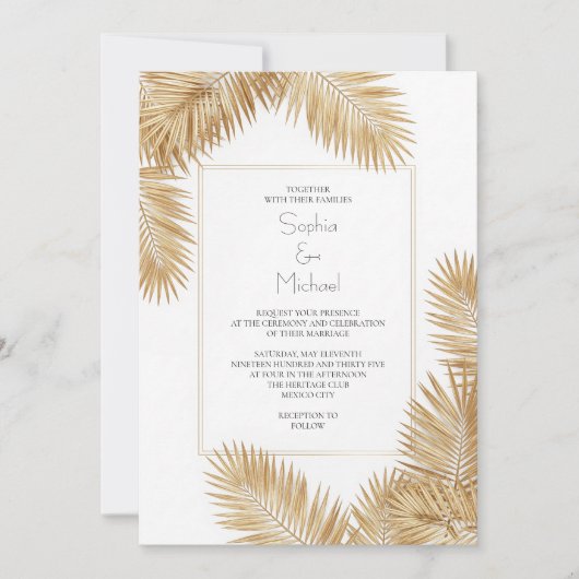 Elegante Gold Palm Blätter Einladung Hochzeit (Vorderseite)