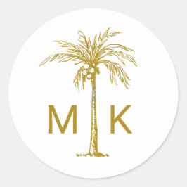 Elegante Gold Palm Tree Monogram Tropical Wedding Runder Aufkleber