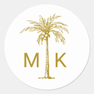 Elegante Gold Palm Tree Monogram Tropical Wedding Runder Aufkleber