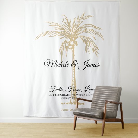 Elegante Gold Palm Tree Tropische Hochzeit Hinterg Wandteppich (Beispiel)