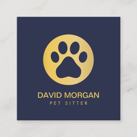 Elegante Gold Paw Print Pet Sitter Navy Blue Quadratische Visitenkarte (Vorderseite)